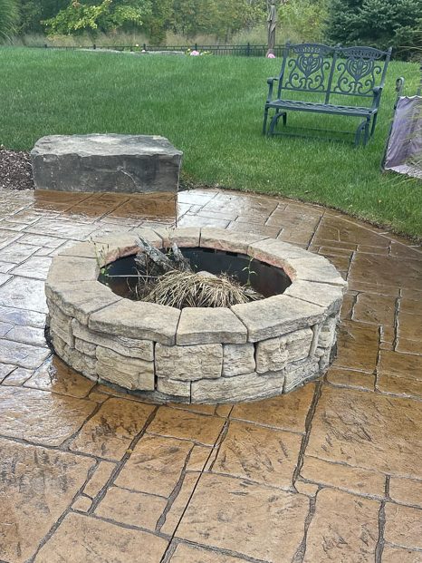 stamped concrete and firepit patio