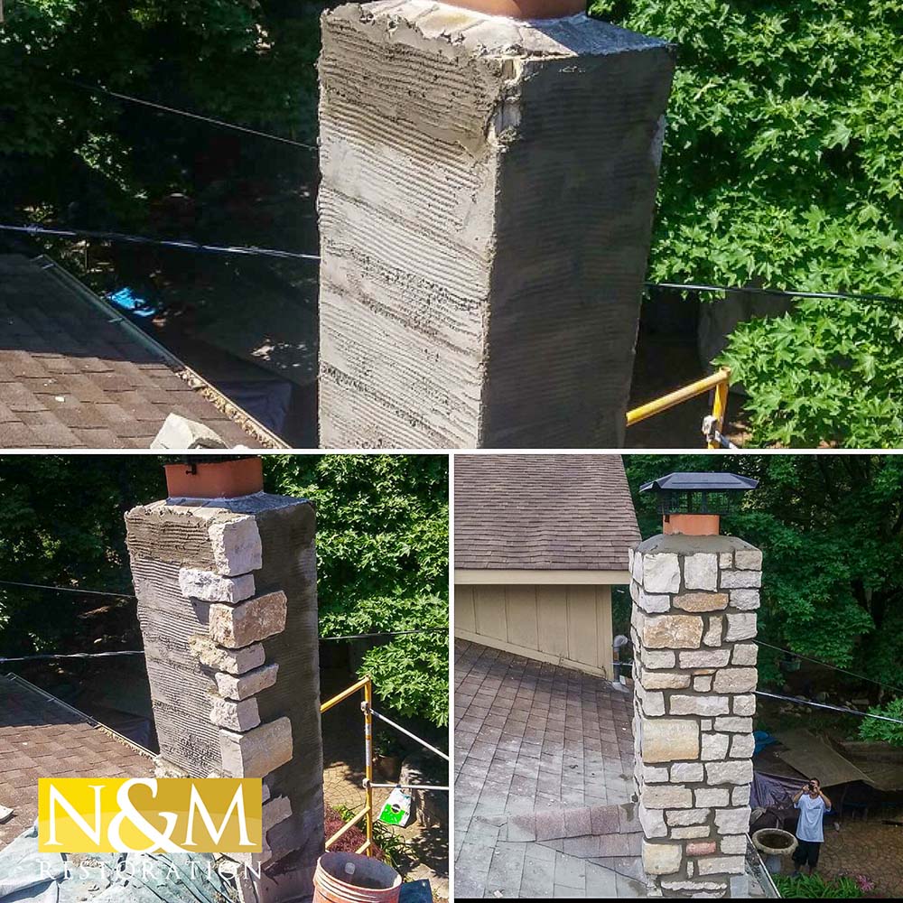 brick chimney repair and re-surfacing to update, rock chimney face